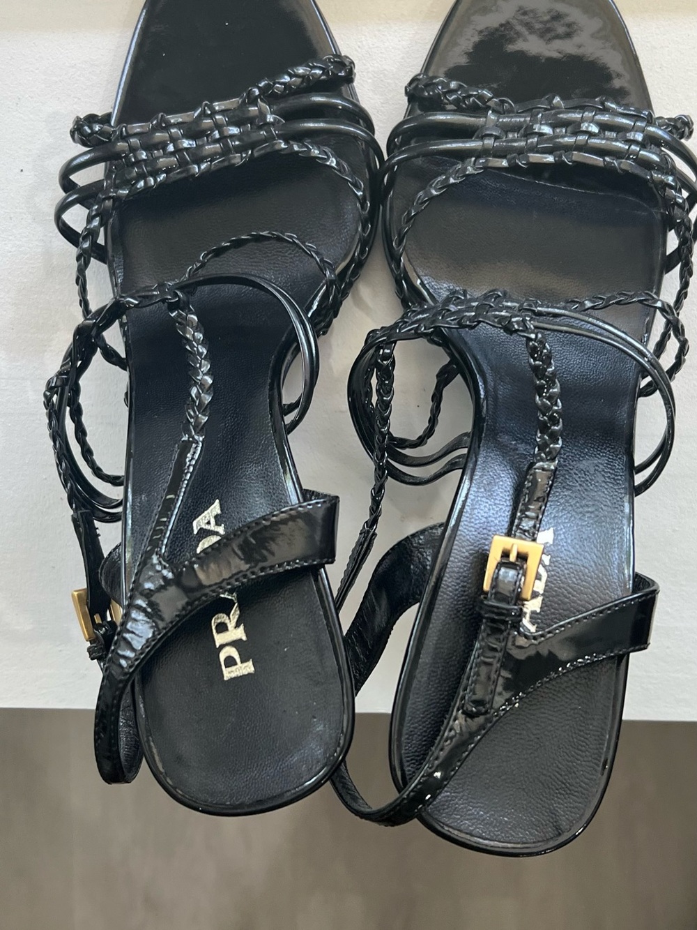 Prada Black Braided Patent Leather Strappy Sandals with Gold Buckle